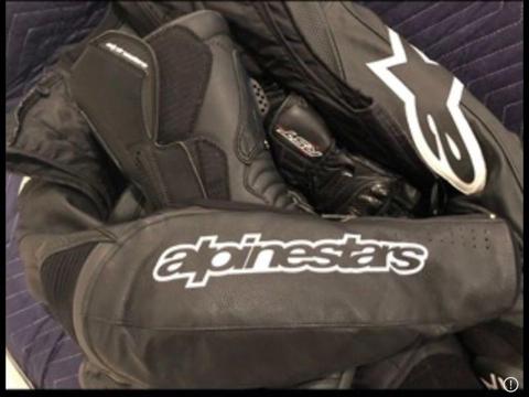 LEATHER MOTORBIKE PANTS, JACKET, BOOTS AND GLOVES...ALPINE STARS