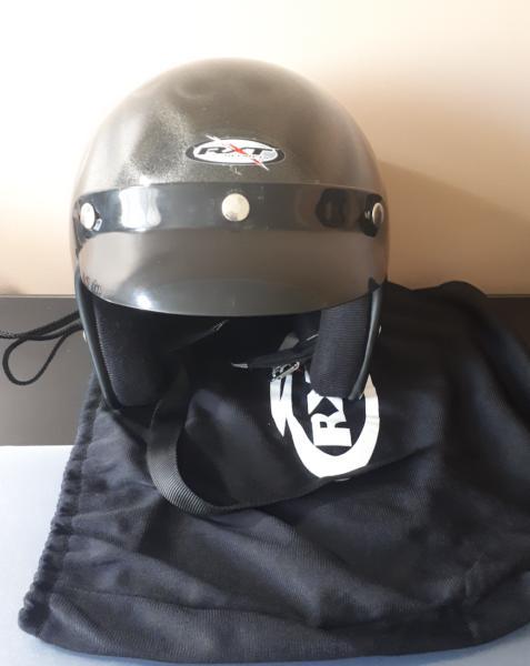 Medium open face RXT helmet with grey metallic flames