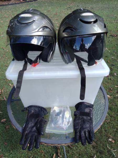 2 motocycle open face helmets and accessories
