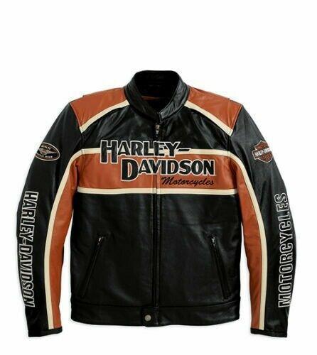Wanted: Harley Davidson Mens Classic Cruiser Orange Black Leather Jacket