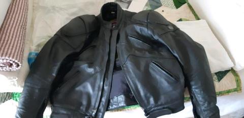 Leather Motor cycle jacket, boots and helmet