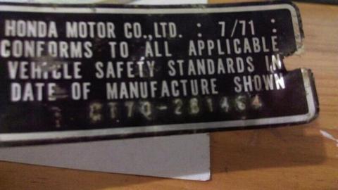 Honda CT70 compliance plate