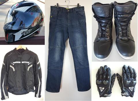 Motorcycle gear. Helmet, Jacket, Jeans, Gloves, Boots