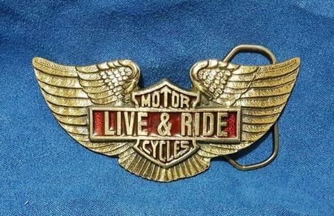 Vintage 1984 Live & Ride Motorcycles Brass Belt Buckle
