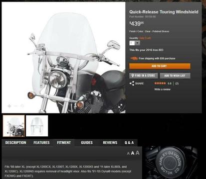 Sportster Dyna Genuine Harley Davidson Quick-Release Touring Windshiel