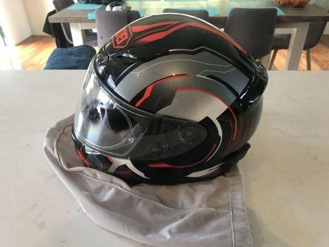 Shoei Helmet with Sena Bluetooth and Riding Gear