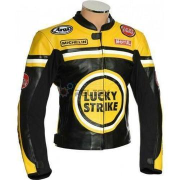 Lucky Strike yellow/black motorcycle leather 2 pc suit w/ solid armour