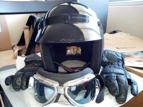 Motorbike Helmet with goggles and gloves in VG condition