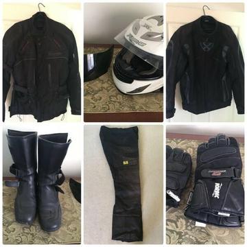 Motorcycle gear (2 jackets, helmet, pants, boots, & 2 pair gloves)