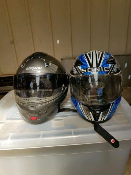 2 motorbike helmets Nolan and Sonic