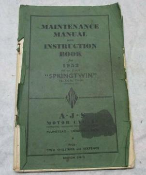 Original A.J.S Maintenance Manual Instruction Book for 1952 Springtwin