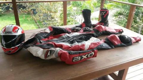 Motorcycle leathers, boots, helmet, gloves