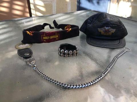 Harley Davidson Leather Hat, Bandana, Lock chain and Wrist strap