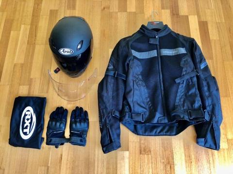 Motorcycle helmet, riding jacket and gloves