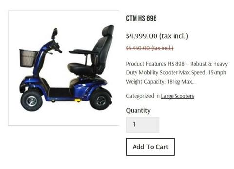 NEW!!! CTM HS 898 Mobility Scooter 181kg Weight Capacity