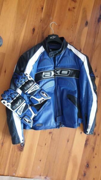 Axo Blue/White/Black Leather Motorcycle Jacket & Gloves