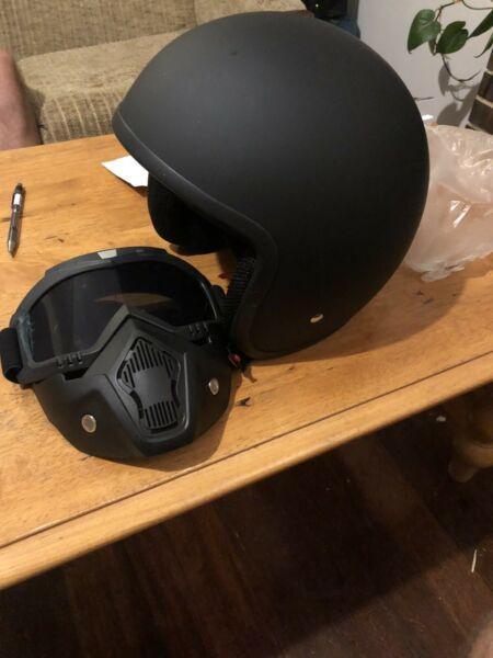 Open face motorcycle helmet and face mask